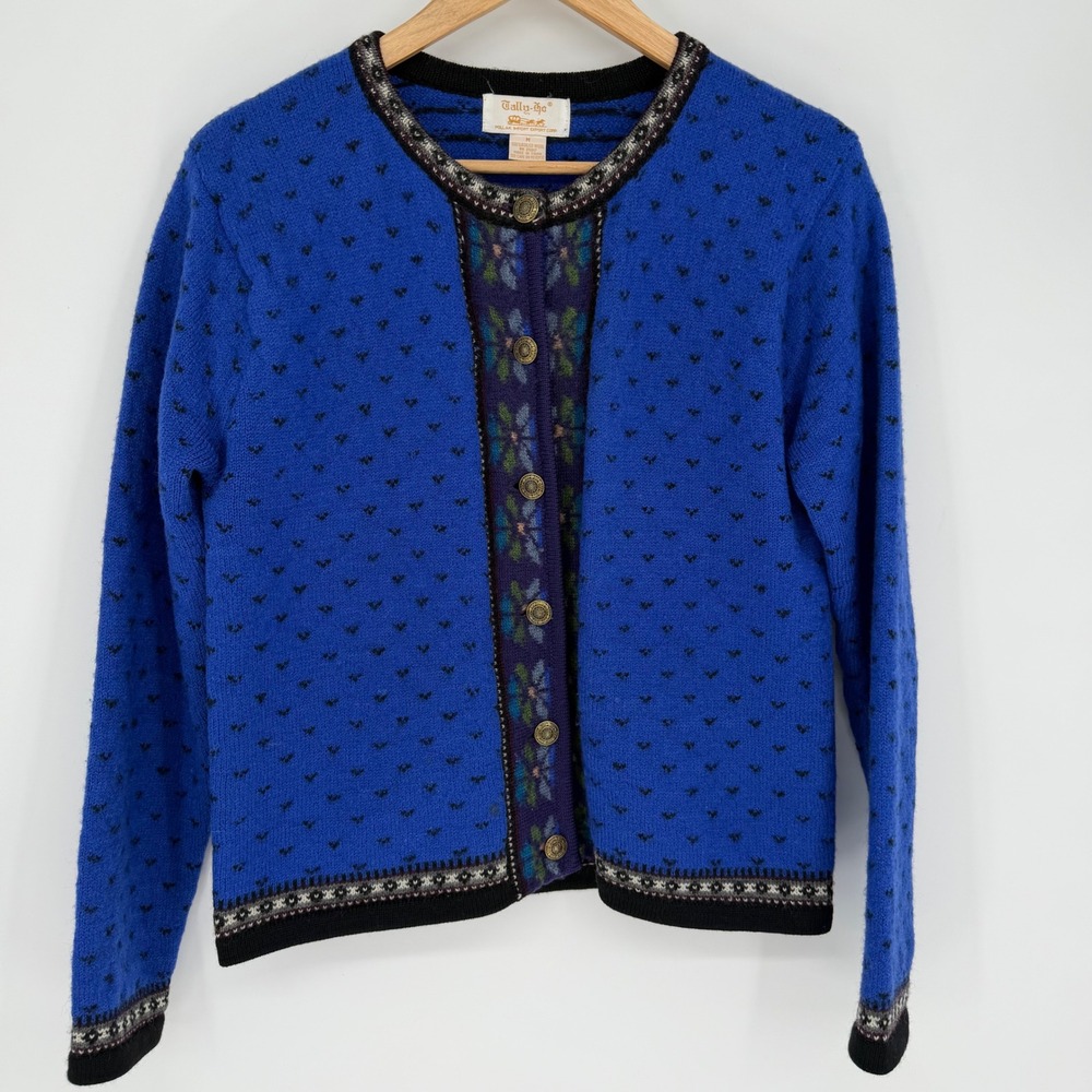 Vintage Tally-Ho Boiled Wool Cardigan Blue Floral Embroidered Nordic Sweater M